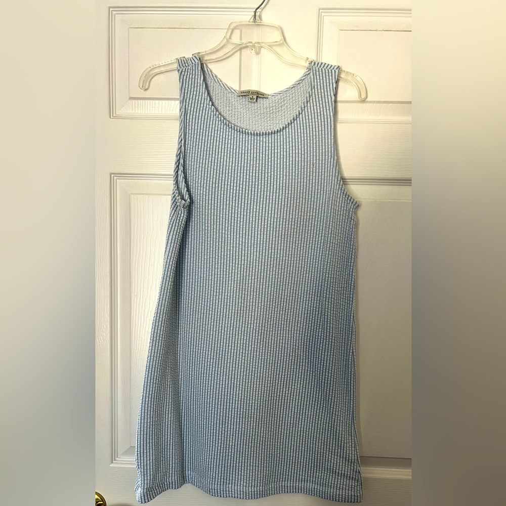 Blue and white seersucker dress
